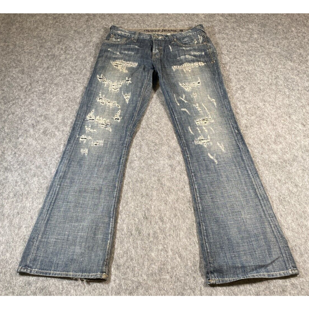 Guess Womens Jeans 31 (33x33) Blue Falcon Slim Boot Distressed Button Fly